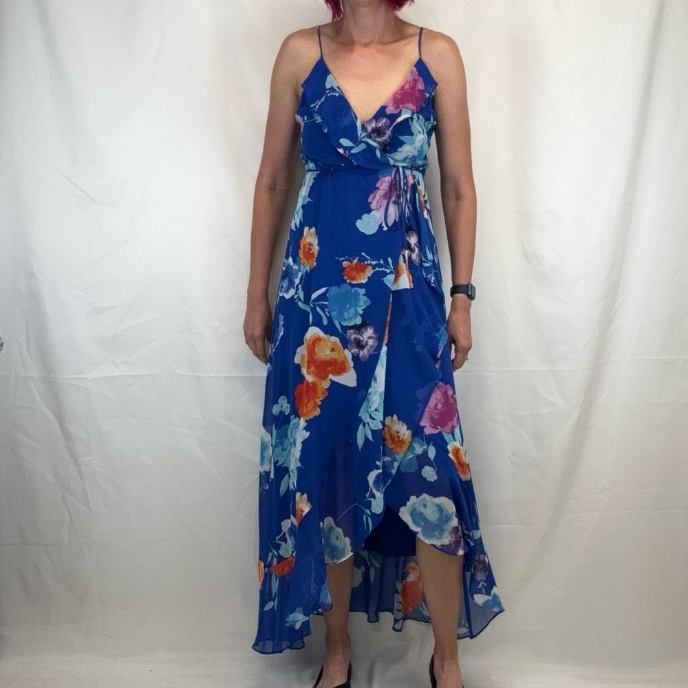 Lulus Women’s Floral Hi-Low Wrap Maxi Dress Ruffle Straps Size Small